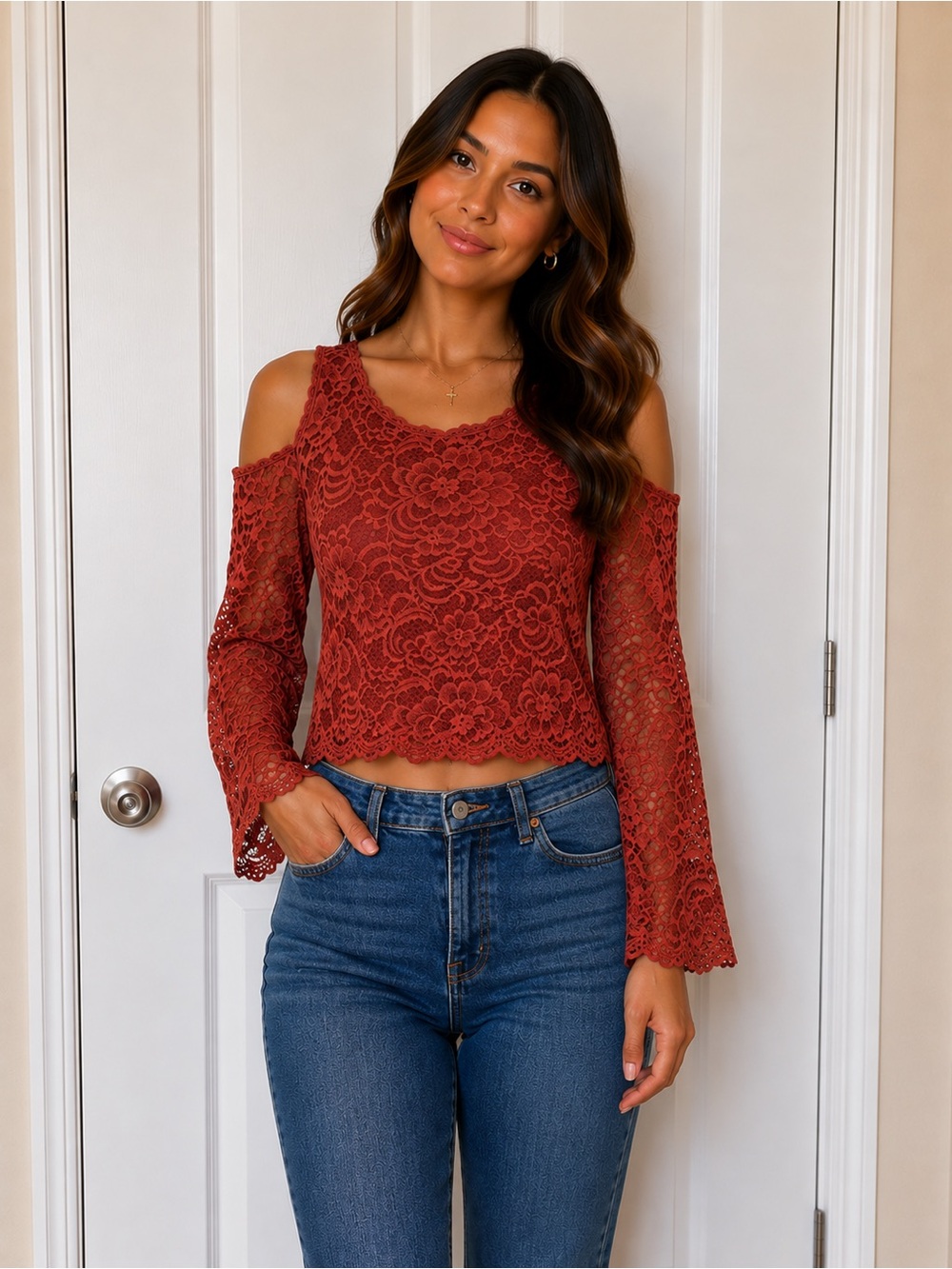 Ambiance Rust Terra-cotta Color, Lace Cold-Shoulder Long Sleeve Blouse